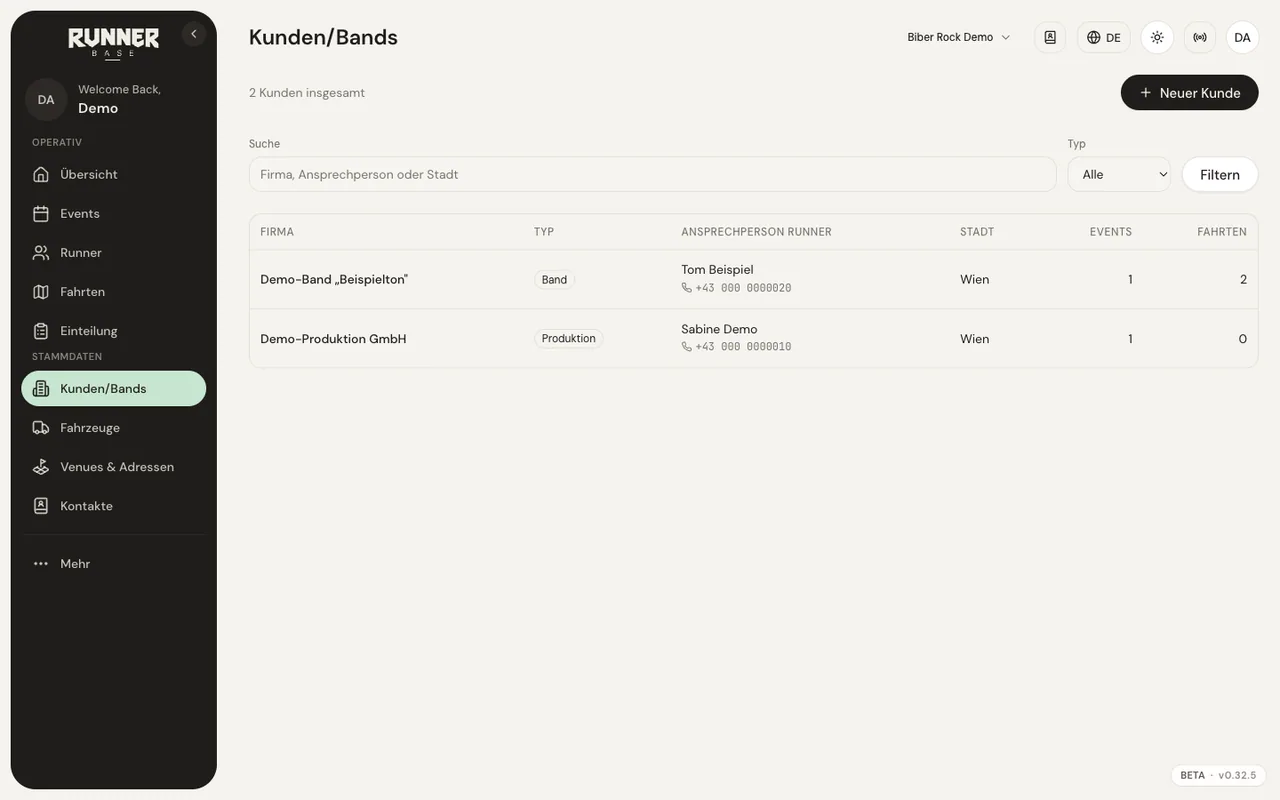 Kunden & Bands — Ansprechpartner und Acts verwalten.