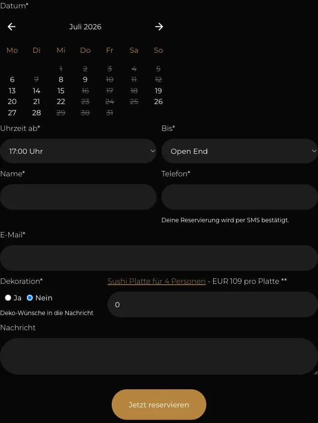 The automated booking tool — date, time, add-ons and confirmation in one flow.